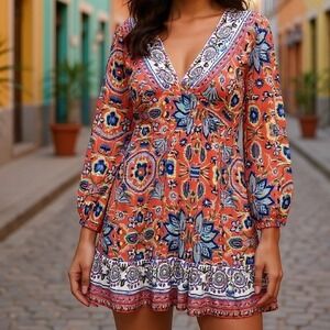 Angie Women Coral Orange Floral Paisley Boho Dress Long Sleeve V-Neck L